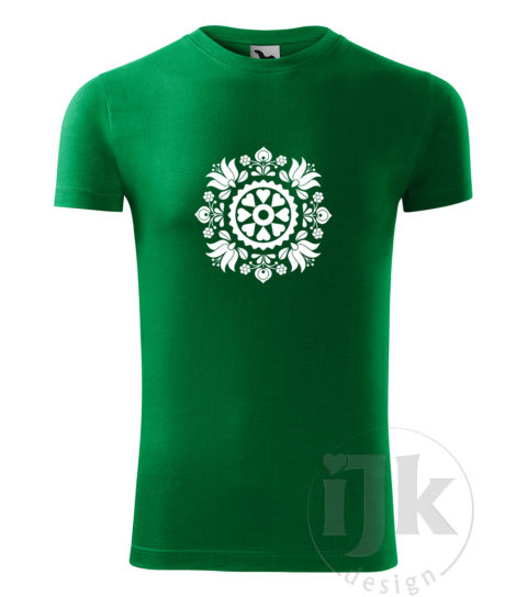 Pánske tričko farba tmavá zelená s potlačou, s bielou hladkou fóliou, s folklórnym motívom z okolia Trnavy a s krátkym rukávom.