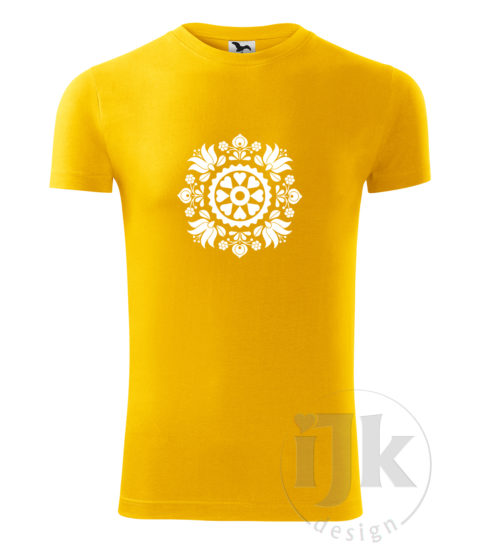 Pánske žlté tričko s potlačou, s bielou hladkou fóliou, s folklórnym motívom z okolia Trnavy a s krátkym rukávom.