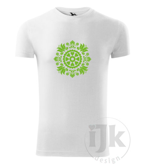 Pánske biele tričko s potlačou, s hladkou fóliou farba zelené jablko, s folklórnym motívom z okolia Trnavy a s krátkym rukávom.