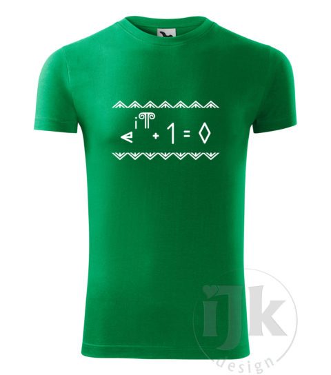 Pánske tričko farba tmavá zelená s potlačou, s bielou hladkou fóliou, s Eulerovou matematickou rovnicou napísanou čičmianským písmom a s čičmianskym ornamentom a s krátkym rukávom.