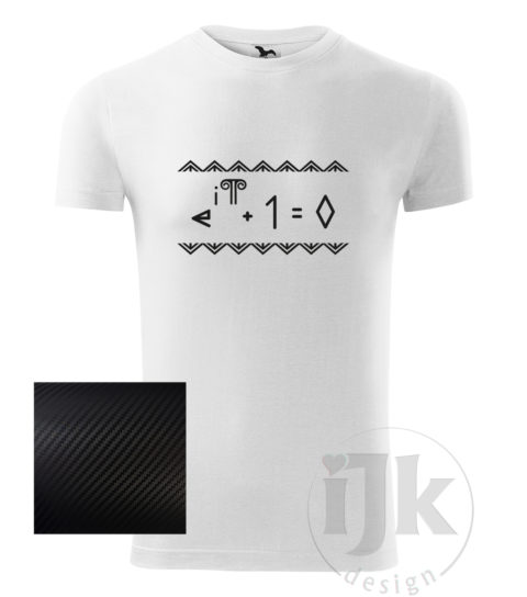 Pánske biele tričko s potlačou, s čiernou carbon fóliou, s Eulerovou matematickou rovnicou napísanou čičmianským písmom a s čičmianskym ornamentom a s krátkym rukávom.