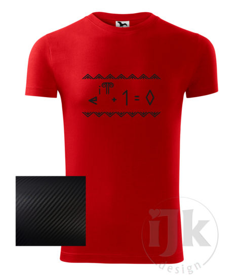 Pánske červené tričko s potlačou, s čiernou carbon fóliou, s Eulerovou matematickou rovnicou napísanou čičmianským písmom a s čičmianskym ornamentom a s krátkym rukávom.
