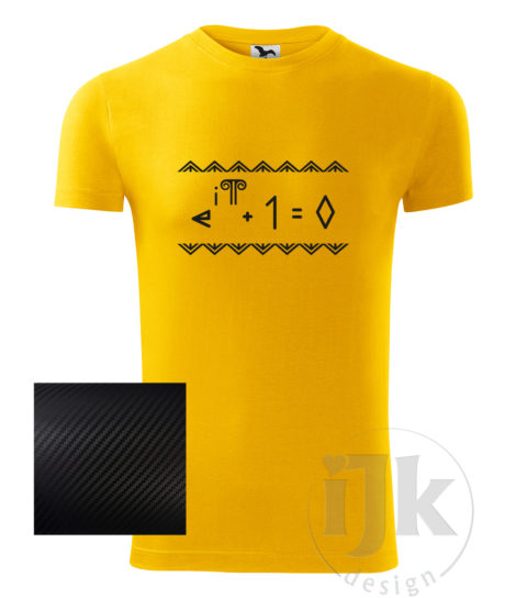 Pánske žlté tričko s potlačou, s čiernou carbon fóliou, s Eulerovou matematickou rovnicou napísanou čičmianským písmom a s čičmianskym ornamentom a s krátkym rukávom.