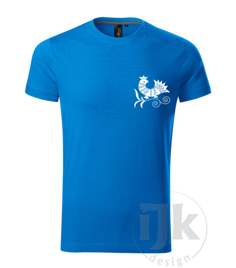 Pánske tričko farba stredná modrá s potlačou, s bielou hladkou fóliou, s folklórnym motívom z Vajnor a s krátkym rukávom.
