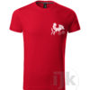 Pánske sýtočervené tričko s potlačou, s bielou hladkou fóliou, s folklórnym motívom z Vajnor a s krátkym rukávom.