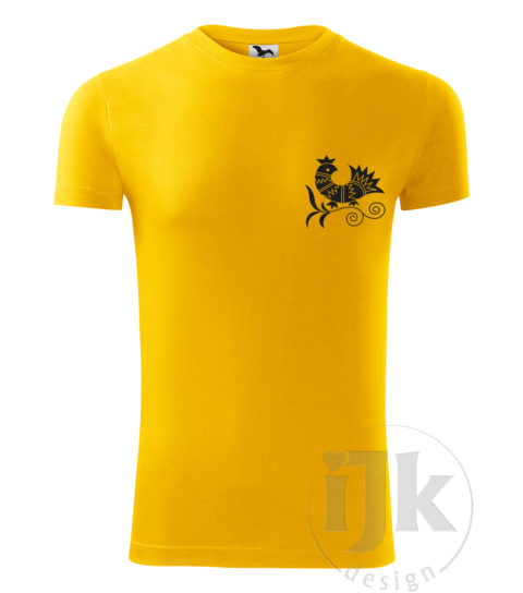 Pánske žlté tričko s potlačou, s čiernou hladkou fóliou, s folklórnym motívom z Vajnor a s krátkym rukávom.