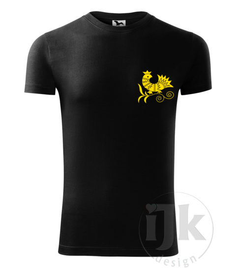 Pánske čierne tričko s potlačou, so žltou hladkou fóliou, s folklórnym motívom z Vajnor a s krátkym rukávom.