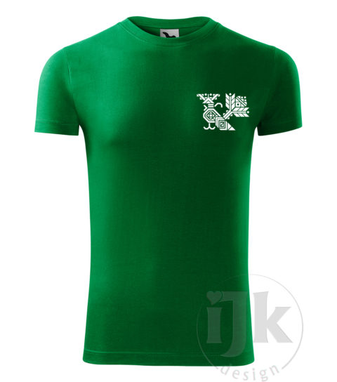 Pánske tričko farba tmavá zelená s potlačou, s bielou hladkou fóliou, s folklórnym motívom z Čičmian a s krátkym rukávom.