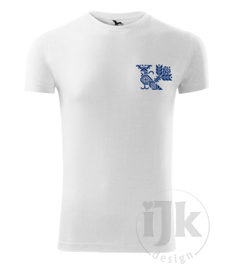 Pánske biele tričko s potlačou, s modrou hladkou fóliou, s folklórnym motívom z Čičmian a s krátkym rukávom.