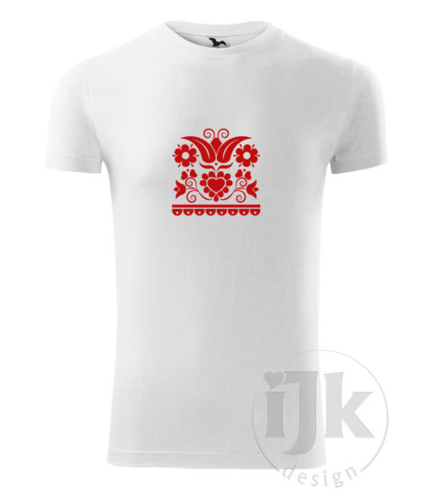 Pánske biele tričko s potlačou, s červenou hladkou fóliou, s folklórnym motívom z Vajnor a s krátkym rukávom.