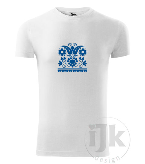 Pánske biele tričko s potlačou, s modrou hladkou fóliou, s folklórnym motívom z Vajnor a s krátkym rukávom.