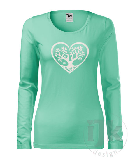 Dámske mentolové tričko s potlačou, s bielou glitrovou fóliou, s autorským motívom, motív je strom s listami v tvare srdca , ktorý je vsadený do veľkého srdca a s dlhým rukávom.