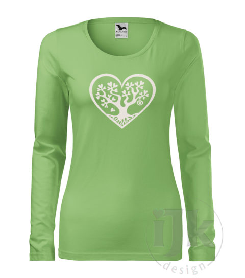 Dámske svetlozelené tričko s potlačou, s bielou glitrovou fóliou, s autorským motívom, motív je strom s listami v tvare srdca , ktorý je vsadený do veľkého srdca a s dlhým rukávom.
