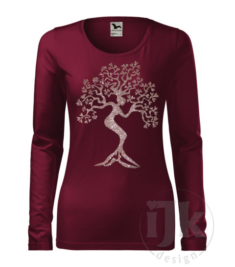 Dámske bordové tričko s potlačou, s multi glitrovou fóliou, s autorským motívom, motívom je strom s kmeňom v tvare ženskej postavy a s dlhým rukávom.