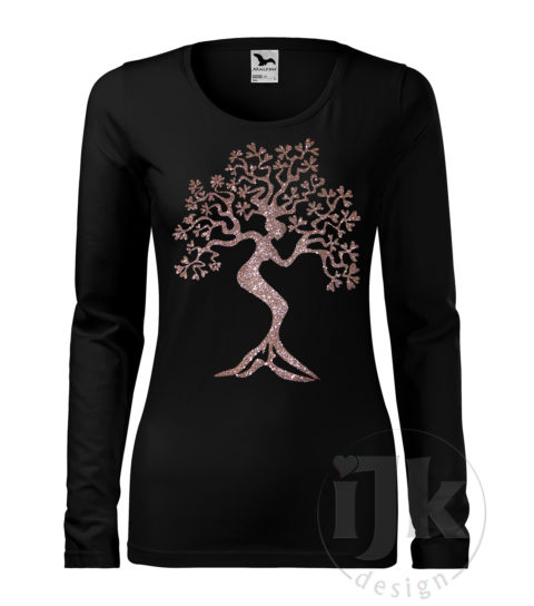 Dámske čierne tričko s potlačou, s multi glitrovou fóliou, s autorským motívom, motívom je strom s kmeňom v tvare ženskej postavy a s dlhým rukávom.