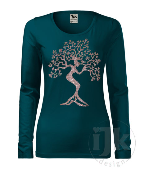 Dámske petrolejové tričko s potlačou, s multi glitrovou fóliou, s autorským motívom, motívom je strom s kmeňom v tvare ženskej postavy a s dlhým rukávom.