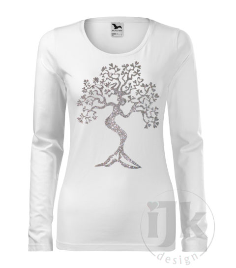 Dámske biele tričko s potlačou, so striebornou glitrovou fóliou, s autorským motívom, motívom je strom s kmeňom v tvare ženskej postavy a s dlhým rukávom.