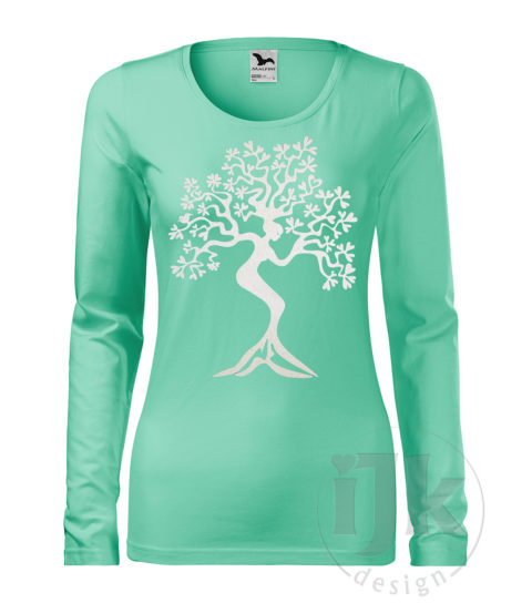 Dámske mentolové tričko s potlačou, s bielou glitrovou fóliou, s autorským motívom, motívom je strom s kmeňom v tvare ženskej postavy a s dlhým rukávom.