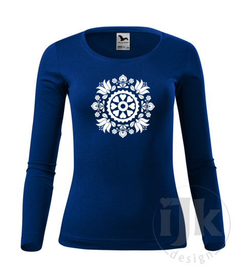 Dámske kráľovské modré tričko s potlačou, s bielou hladkou fóliou, s folklórnym motívom z okolia Trnavy a s dlhým rukávom.