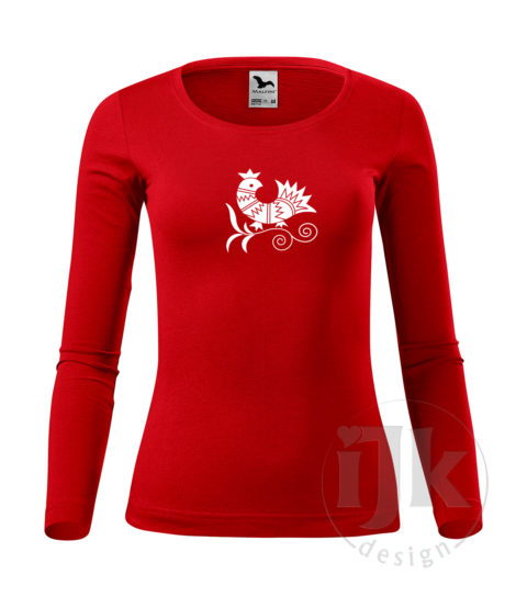 Dámske červené tričko s potlačou, s bielou hladkou fóliou, s folklórnym motívom z Vajnor a s dlhým rukávom.