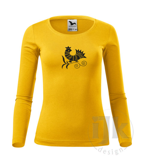 Dámske žlté tričko s potlačou, s čiernou hladkou fóliou, s folklórnym motívom z Vajnor a s dlhým rukávom.