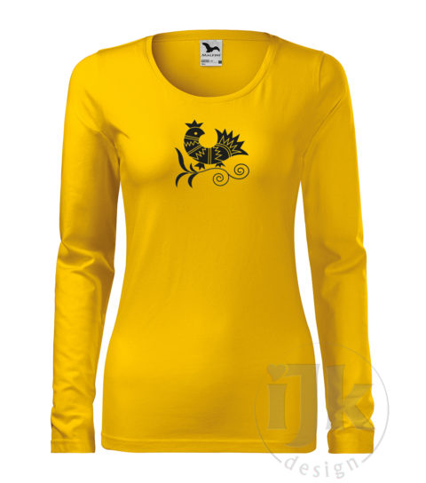 Dámske žlté tričko s potlačou, s čiernou hladkou fóliou, s folklórnym motívom z Vajnor a s dlhým rukávom.