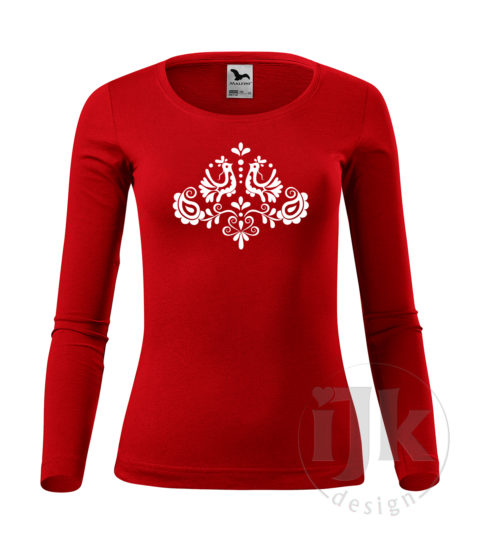 Dámske červené tričko s potlačou, s bielou hladkou fóliou, s folklórnym motívom z Jablonice a s dlhým rukávom.