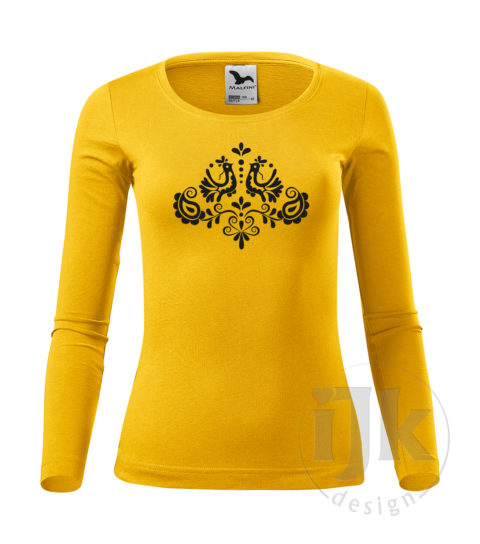 Dámske žlté tričko s potlačou, s číernou hladkou fóliou, s folklórnym motívom z Jablonice a s dlhým rukávom.