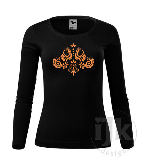 Dámske čierne tričko s potlačou, s oranžovou glitrovou fóliou, s folklórnym motívom z Jablonice a s dlhým rukávom.