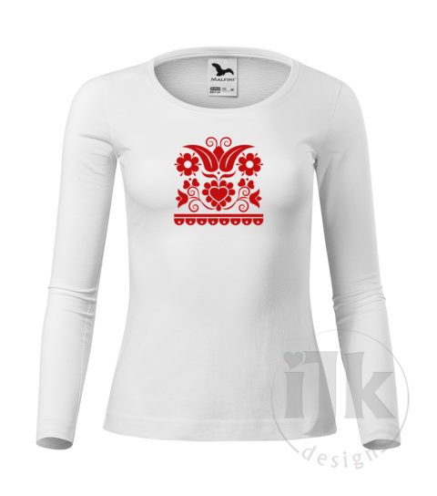 Dámske biele tričko s potlačou, s červenou hladkou fóliou, s folklórnym motívom z Vajnor a s dlhým rukávom.