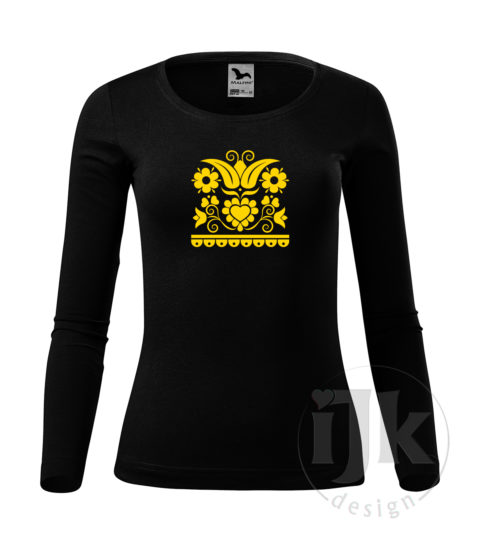 Dámske čierne tričko s potlačou, so žltou hladkou fóliou, s folklórnym motívom z Vajnor a s dlhým rukávom.