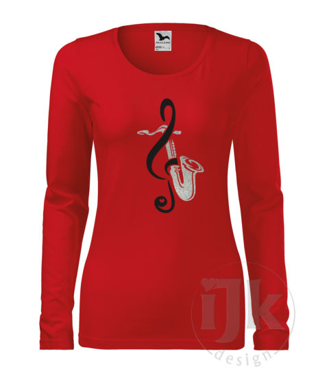 Dámske červené tričko s potlačou, s čiernou hladkou a striebornou glitrovou fóliou, s autorským motívom, s motívom strieborného saxofónu a čierneho husľového kľúča a s dlhým rukávom.