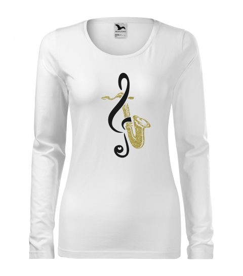Dámske biele tričko s potlačou, s čiernou hladkou a zlatou glitrovou fóliou, s autorským motívom, s motívom zlatého saxofónu a čierneho husľového kľúča a s dlhým rukávom.