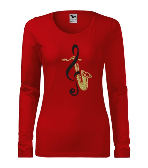 Dámske červené tričko s potlačou, s čiernou hladkou a zlatou glitrovou fóliou, s autorským motívom, s motívom zlatého saxofónu a čierneho husľového kľúča a s dlhým rukávom.