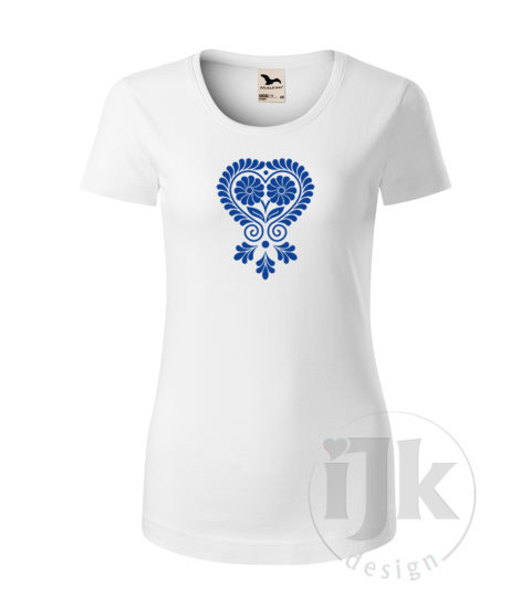Dámske biele tričko s potlačou, s modrou hladkou fóliou, s folklórnym motívom z Čataja a s krátkym rukávom.