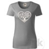 Dámske sivé tričko s potlačou, s bielou glitrovou fóliou, s autorským motívom, motív je strom s listami v tvare srdca , ktorý je vsadený do veľkého srdca a s krátkym rukávom.