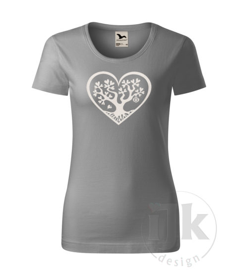 Dámske sivé tričko s potlačou, s bielou glitrovou fóliou, s autorským motívom, motív je strom s listami v tvare srdca , ktorý je vsadený do veľkého srdca a s krátkym rukávom.