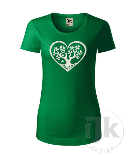 Dámske tmavozelené tričko s potlačou, s bielou glitrovou fóliou, s autorským motívom, motív je strom s listami v tvare srdca , ktorý je vsadený do veľkého srdca a s krátkym rukávom.
