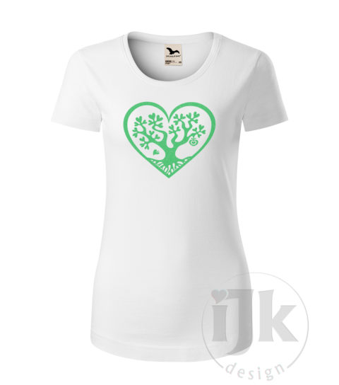 Dámske biele tričko s potlačou, s bledozelenou glitrovnou fóliou, s autorským motívom, motív je strom s listami v tvare srdca , ktorý je vsadený do veľkého srdca a s krátkym rukávom.