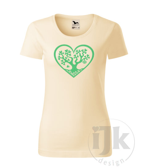 Dámske mandľové tričko s potlačou, s bledozelenou glitrovou fóliou, s autorským motívom, motív je strom s listami v tvare srdca , ktorý je vsadený do veľkého srdca a s krátkym rukávom.