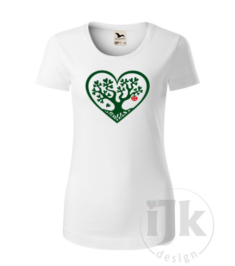 Dámske biele tričko s potlačou, so zelenou hladkou fóliou, s autorským motívom, motív je strom s listami v tvare srdca , ktorý je vsadený do veľkého srdca a s krátkym rukávom.