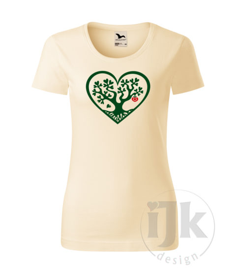 Dámske mandľové tričko s potlačou, so zelenou hladkou fóliou, s autorským motívom, motív je strom s listami v tvare srdca , ktorý je vsadený do veľkého srdca a s krátkym rukávom.