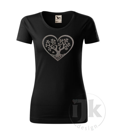 Dámske čierne tričko s potlačou, s multi glitrovou fóliou, s autorským motívom, motívom je strom s listami v tvare srdca , ktorý je vsadený do veľkého srdca a s krátkym rukávom.