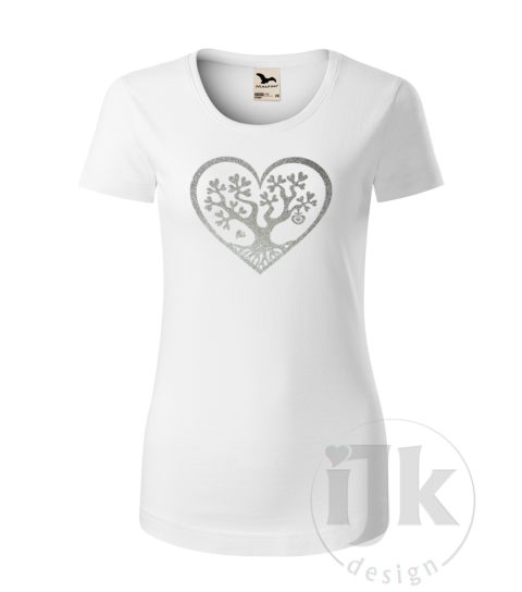 Dámske biele tričko s potlačou, so striebornou glitrovou fóliou, s autorským motívom, motívom je strom s listami v tvare srdca , ktorý je vsadený do veľkého srdca a s krátkym rukávom.