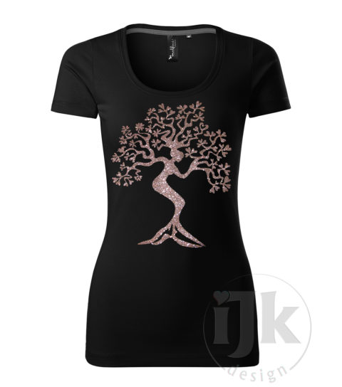 Dámske čierne tričko s potlačou, s multi glitrovou fóliou, s autorským motívom, motívom je strom s kmeňom v tvare ženskej postavy a s krátkym rukávom.