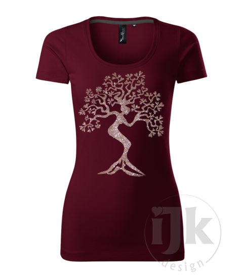 Dámske vínovočervené tričko s potlačou, s multi glitrovou fóliou, s autorským motívom, motívom je strom s kmeňom v tvare ženskej postavy a s krátkym rukávom.