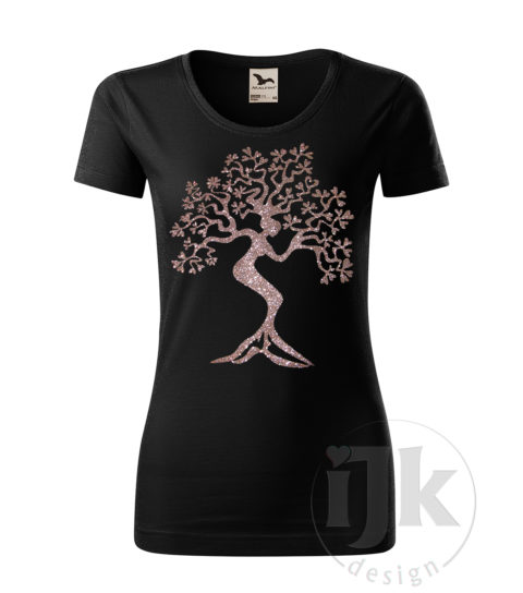 Dámske čierne tričko s potlačou, s multi glitrovou fóliou, s autorským motívom, motívom je strom s kmeňom v tvare ženskej postavy a s krátkym rukávom.