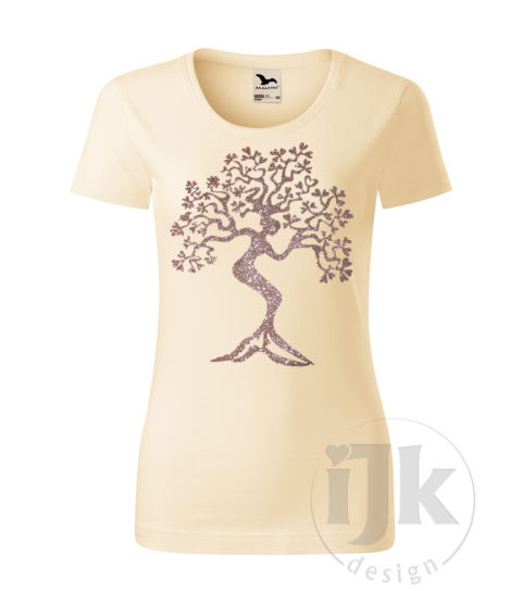 Dámske mandľové tričko s potlačou, s multi glitrovou fóliou, s autorským motívom, motívom je strom s kmeňom v tvare ženskej postavy a s krátkym rukávom.