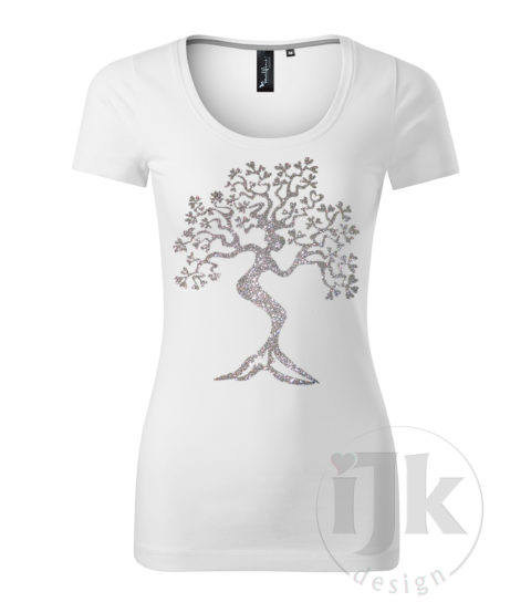 Dámske biele tričko s potlačou, so striebornou glitrovou fóliou, s autorským motívom, motívom je strom s kmeňom v tvare ženskej postavy a s krátkym rukávom.