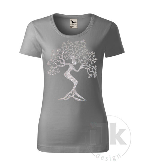 Dámske sivé tričko s potlačou, so striebornou glitrovou fóliou, s autorským motívom, motívom je strom s kmeňom v tvare ženskej postavy a s krátkym rukávom.